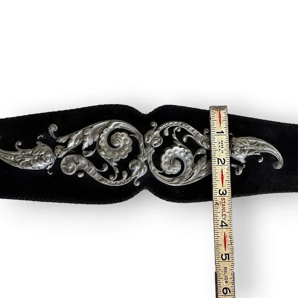 Wide Black Suede Cinch Belt L/XL Baroque Pot Metal Hardware Renaissance Festival